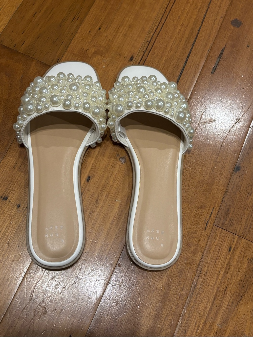 a new day White Pearl-Embellished Slide Sandals